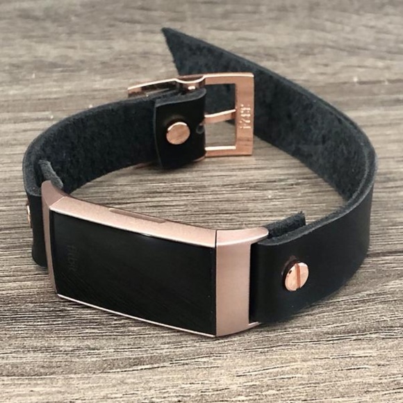 Fitbit Charge 4 Black Leather Rose Gold Band - Picture 1 of 8